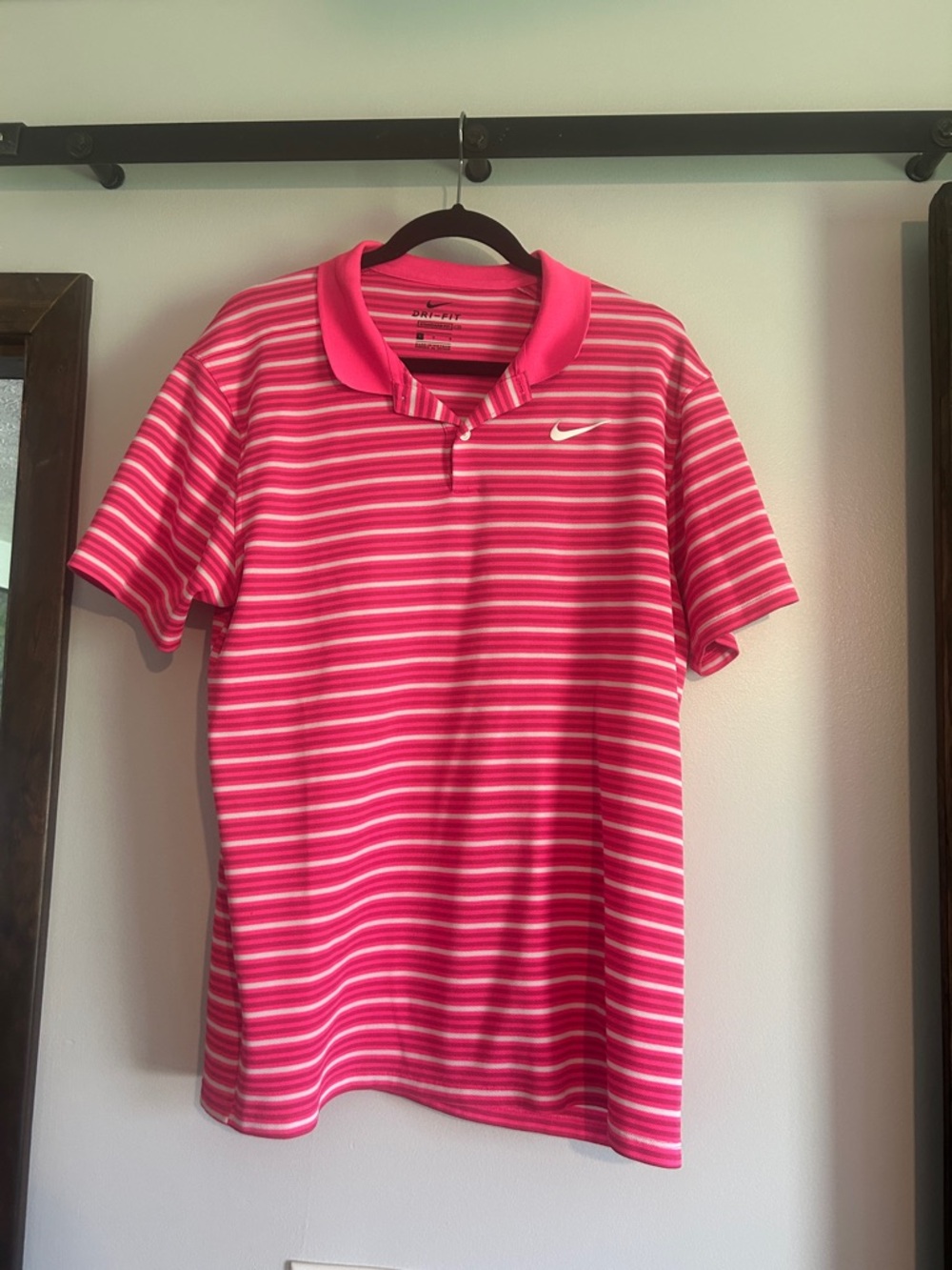 Nike Men’s Pink and White Striped Dri-FIT  Golf Polo